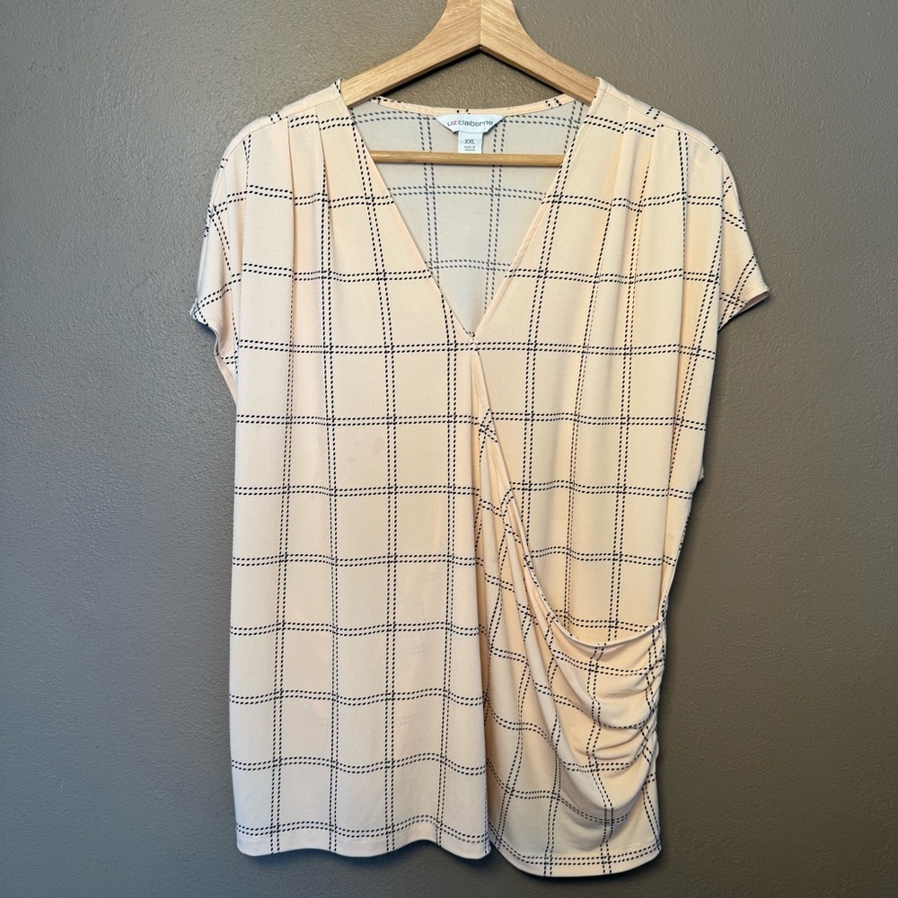 Liz Claiborne Pink & Black Faux Wrap Style Short Sleeve Silky Blouse Size XXL